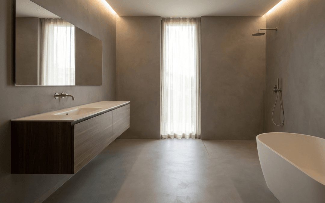 Gri microcement (mikro çimento) kaplı modern banyo duvarı ve zemini