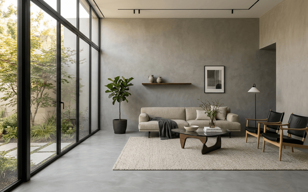 Gri microcement (mikro çimento) kaplı modern salon duvarı ve zemini