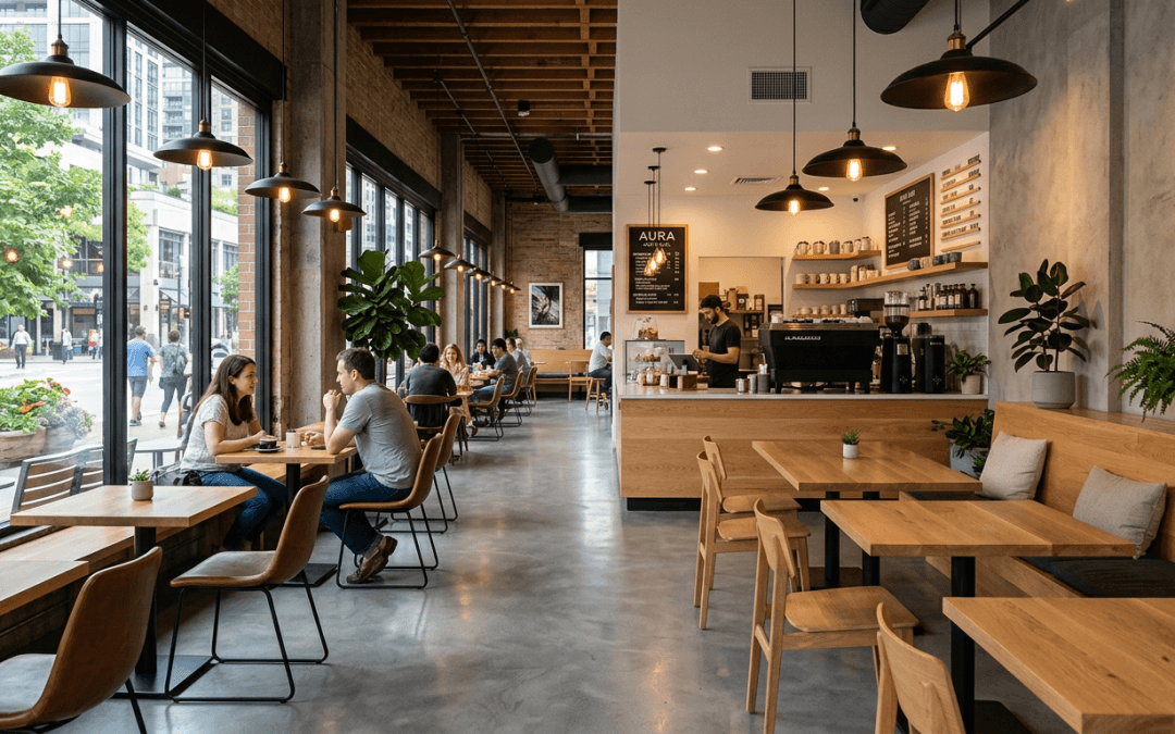 Microcement zeminli modern kafe iç mekanı